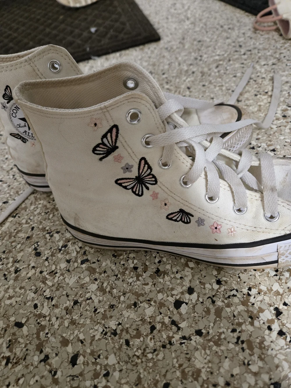 Girls Converse Chuck Taylor High Top Sneakers - Cream with Butterfly Embroidery